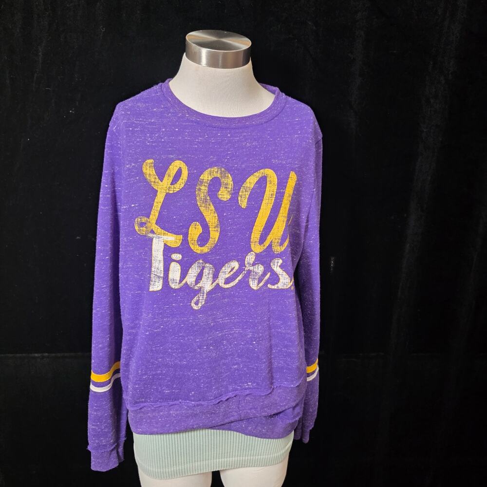 "LSU TIGERS" Large Rustic Letters Purple Heathered Pullover Tee Irregular Hem
